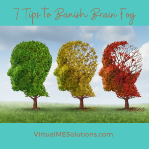 7 Tips to Banish Brain Fog, Virtual ME Solutions (image of 3 trees with leaves trimmed to resemble human heads, each tree has fewer leaves than the other)