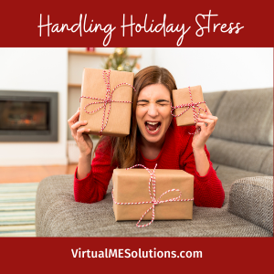 Handling Holiday Stress, Virtual ME Solutions (image of a woman holding wrapped packages and screaming with stress)
