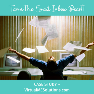 Tame the Email Inbox Beast! Case Study by Virtual ME Solutions (image of a man sitting in front of a computer and tossing papers in the air)