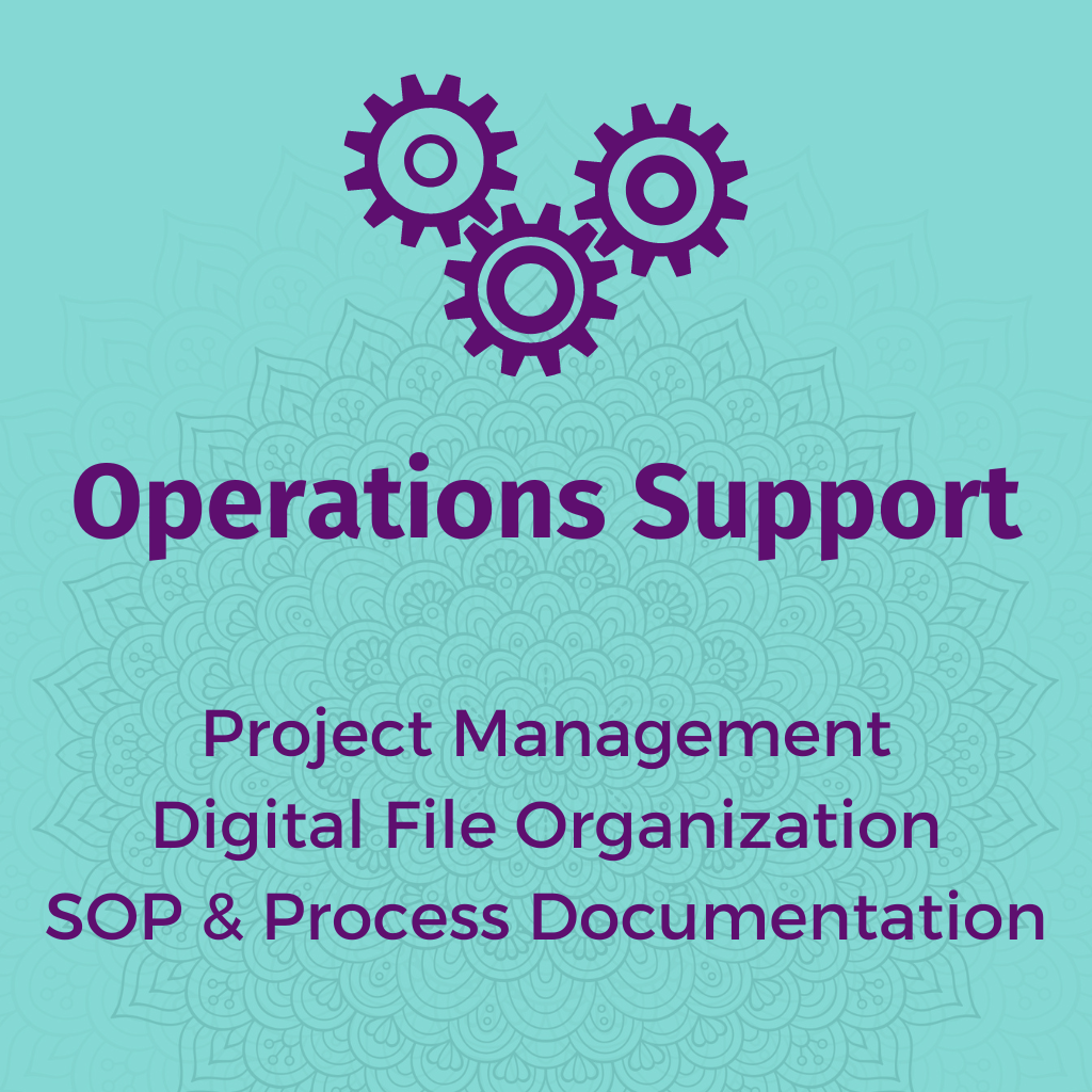 Gears icon, Operations Support, Project Management, Digital File Organization, SOP & Process Documentation