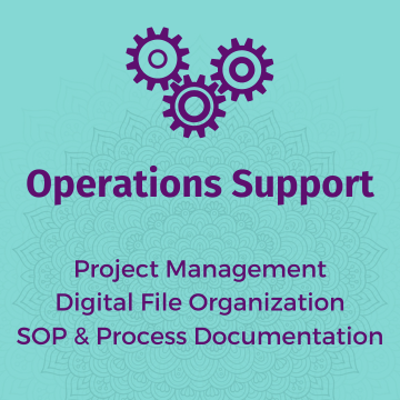 Gears icon, Operations Support, Project Management, Digital File Organization, SOP & Process Documentation