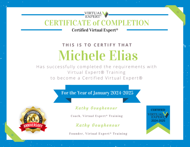 Michele Elias, Certified Virtual Expert Certificate